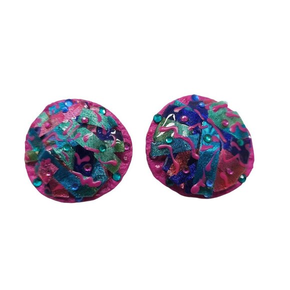 Vintage 1980s Round Statement Post Earrings Pink Green Blue Abstract Design - Picture 1 of 4